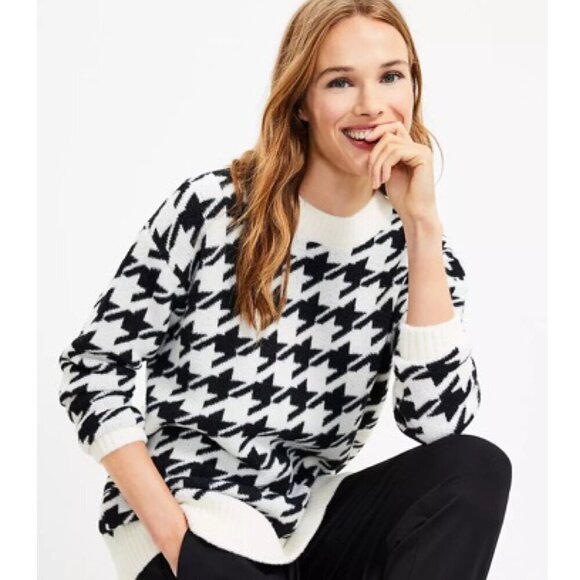 Lou & Grey White Black Houndstooth Crew Neck Tunic Sweater - Picture 1 of 6